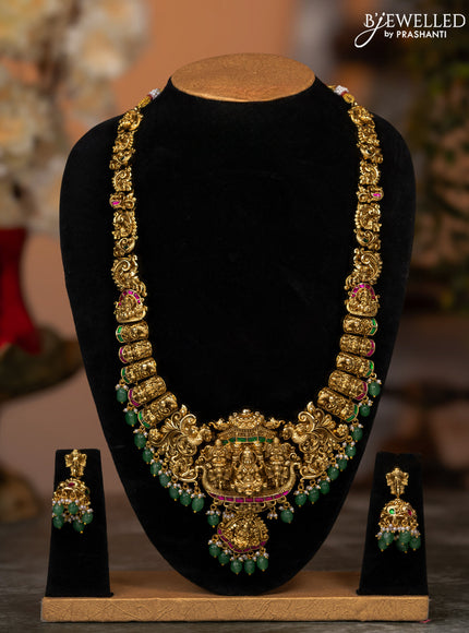 Antique haaram lakshmi design with kemp stones and green beads hangings