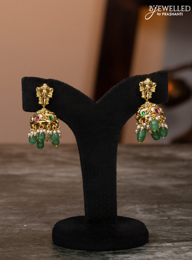 Antique haaram lakshmi design with kemp stones and green beads hangings