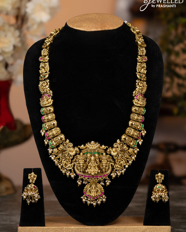 Antique haaram lakshmi design with kemp stones and golden beads hangings