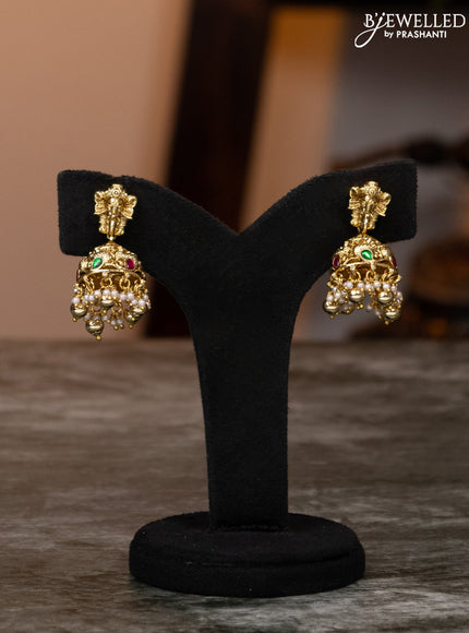 Antique haaram lakshmi design with kemp stones and golden beads hangings