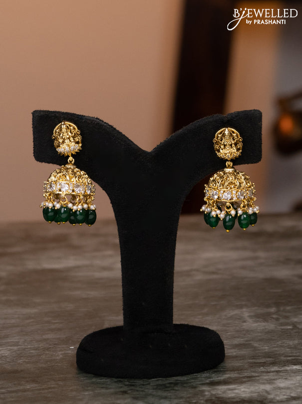 Antique haaram lakshmi & peacock design with emerald & cz stones and green beads hangings