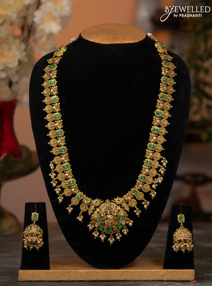 Antique haaram lakshmi design with emerald & cz stones and golden beads hangings