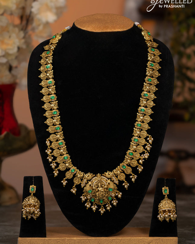 Antique haaram lakshmi design with emerald & cz stones and golden beads hangings