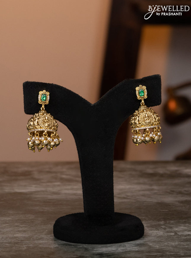 Antique haaram lakshmi design with emerald & cz stones and golden beads hangings