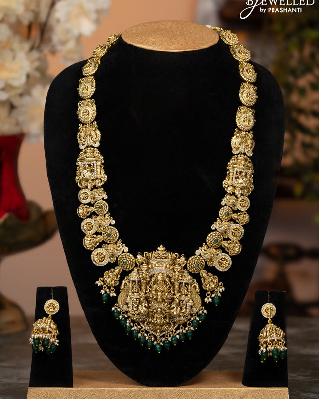 Antique haaram lakshmi design with emerald & cz stones and green beads hangings