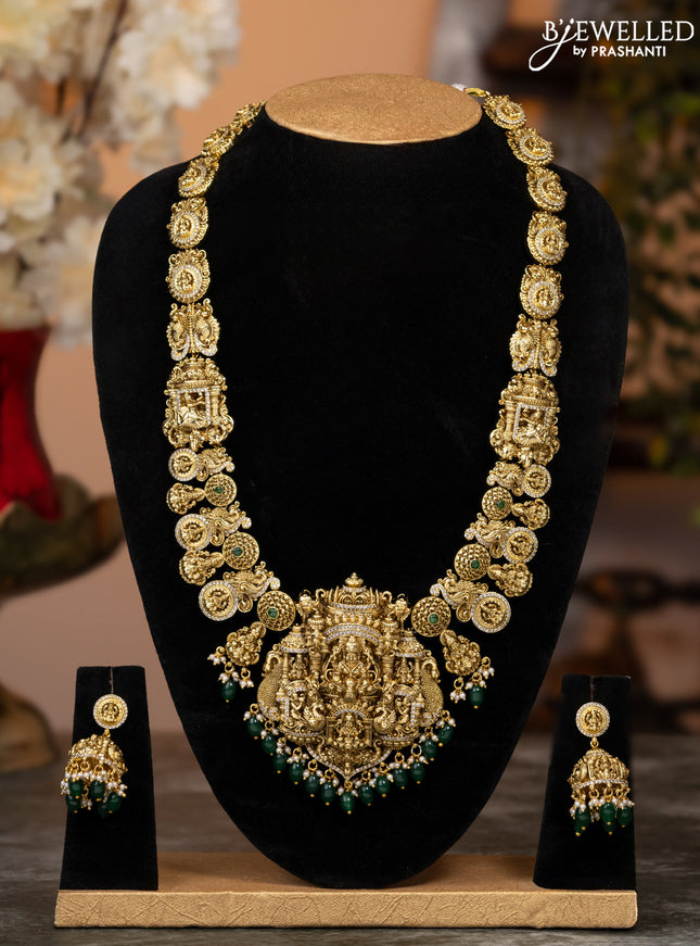 Antique haaram lakshmi design with emerald & cz stones and green beads hangings