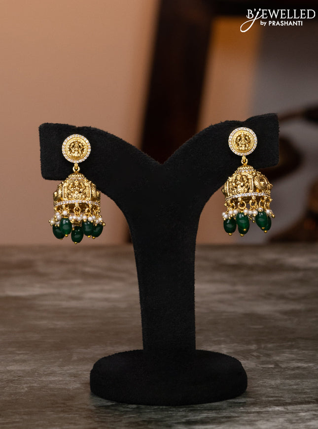 Antique haaram lakshmi design with emerald & cz stones and green beads hangings
