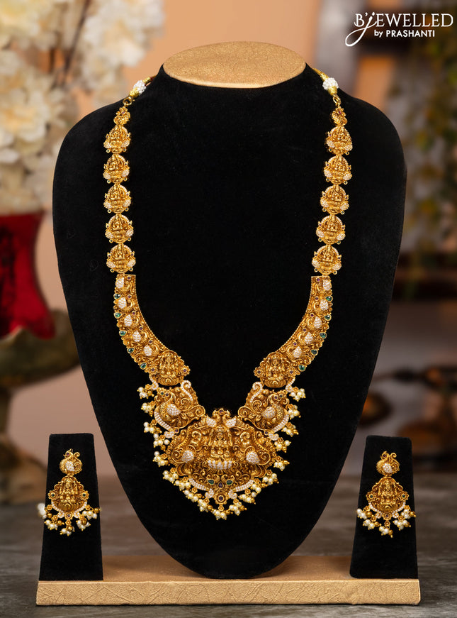 Antique haaram lakshmi design with kemp & cz stones and pearl hangings