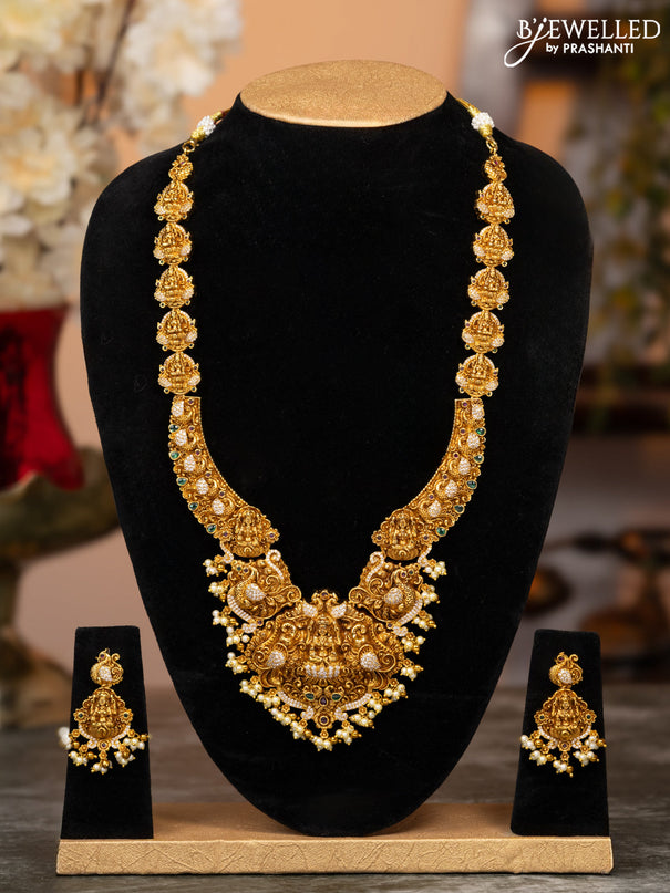 Antique haaram lakshmi design with kemp & cz stones and pearl hangings
