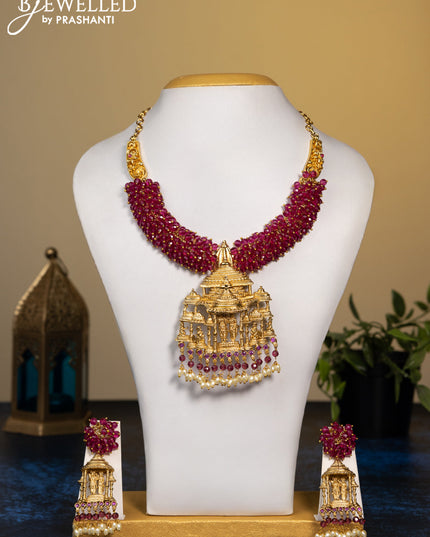 Antique guttapusalu necklace ruby stones with ram darbar pendant and magenta pink beads hangings
