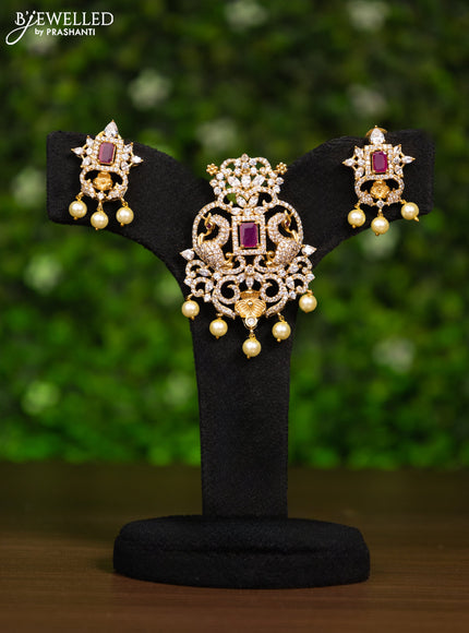 Antique pendant set with pink kemp & cz stones and pearl hangings