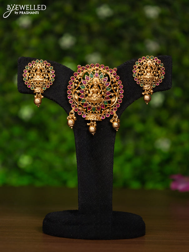 Antique pendant set lakshmi design with kemp stones and golden beads hangings