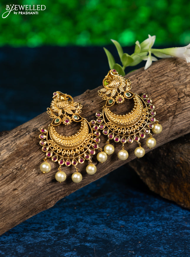 Antique earring chandbali design with kemp stones and pearl hanhings