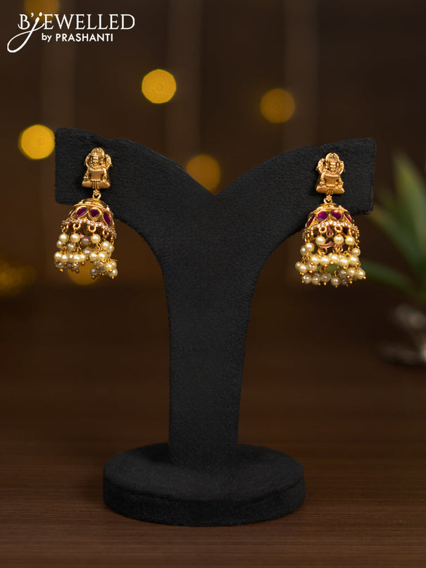 Antique jhumka lakshmi design with ruby & cz stones and pearl hangings