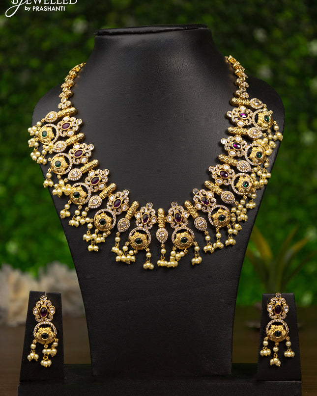Antique guttapusalu necklace with kemp & kundan stones and pearl hangings