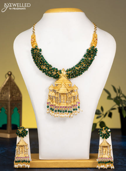 Antique guttapusalu necklace ruby stones with ram darbar pendant and green beads hanging
