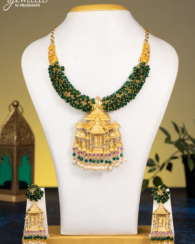 Antique guttapusalu necklace ruby stones with ram darbar pendant and green beads hanging