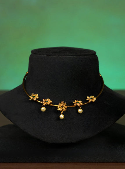 Antique ring type choker green kemp stones with lakshmi pendant and pearl hangings