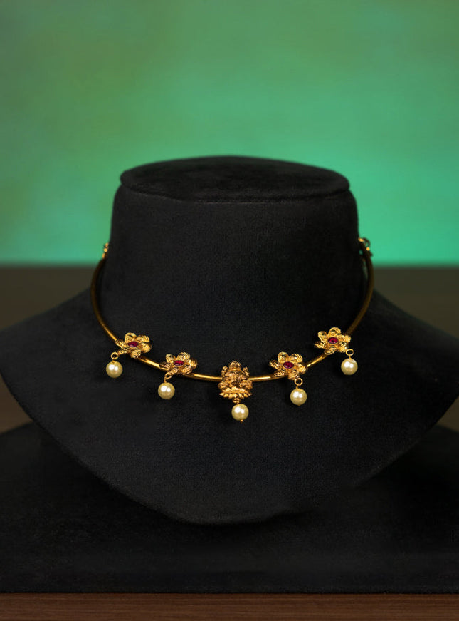 Antique ring type choker pink kemp stones with lakshmi pendant and pearl hangings