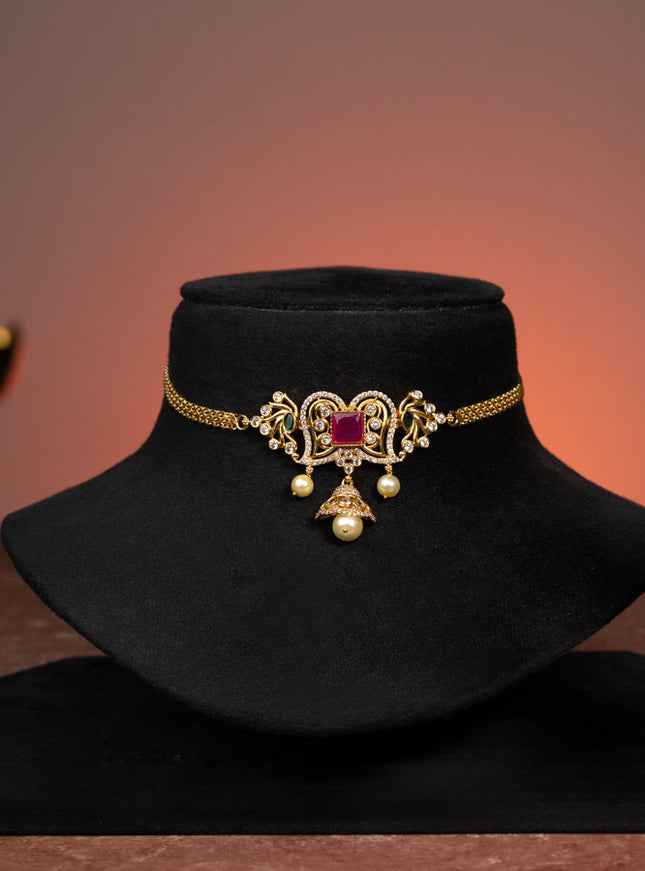 Antique choker with kemp & cz stones and pearl hanging