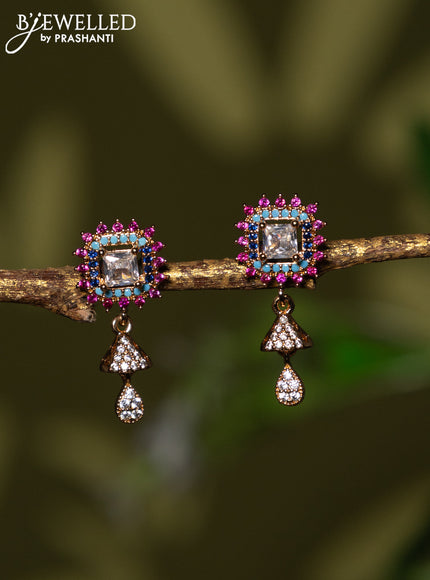 Rose gold earrings with multicolour & cz stones and hanging