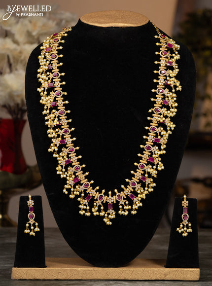 Antique guttapusalu haaram with pink kemp & cz stones and pearl hangings