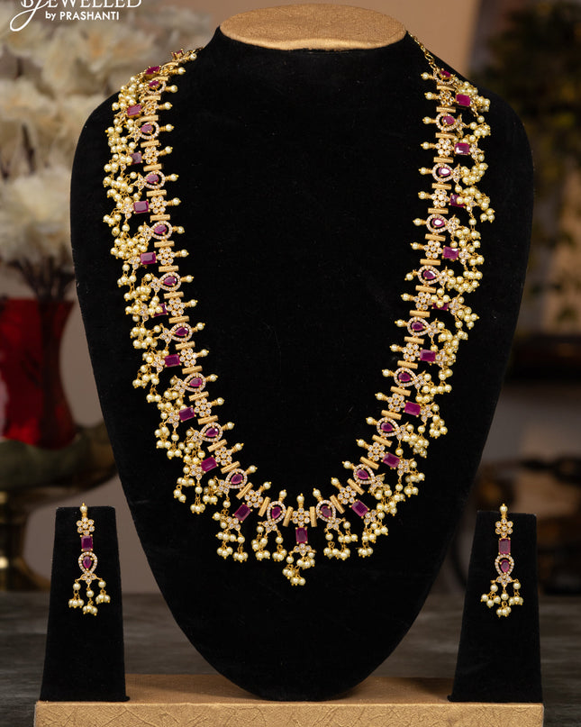 Antique guttapusalu haaram with pink kemp & cz stones and pearl hangings