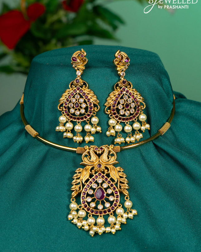 Antique ring type choker peacock design with pink kemp & cz stones and pearl hangings