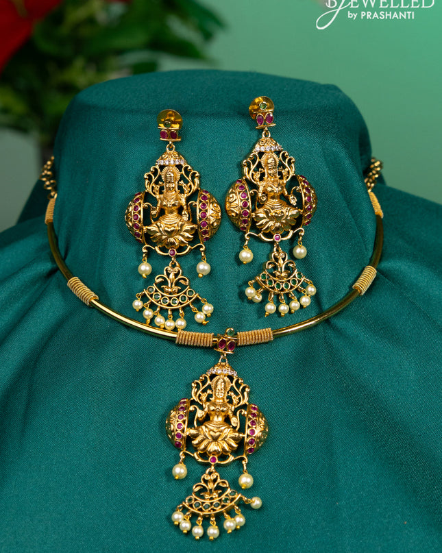 Antique ring type choker lakshmi design with kemp & cz stones and pearl hangings