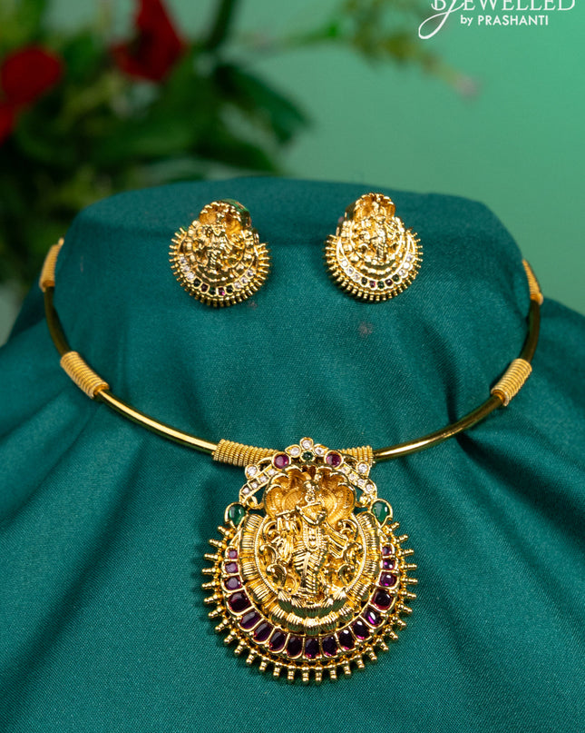 Antique ring type choker with kemp & cz stones and krishna pendant