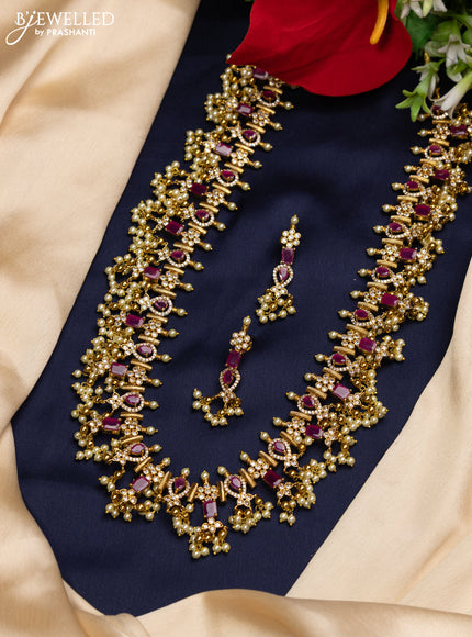 Antique guttapusalu haaram with pink kemp & cz stones and pearl hangings