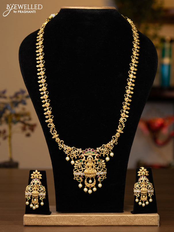 Antique haaram lakshmi design with kemp & cz stones and pearl hangings