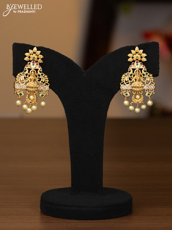 Antique haaram lakshmi design with kemp & cz stones and pearl hangings