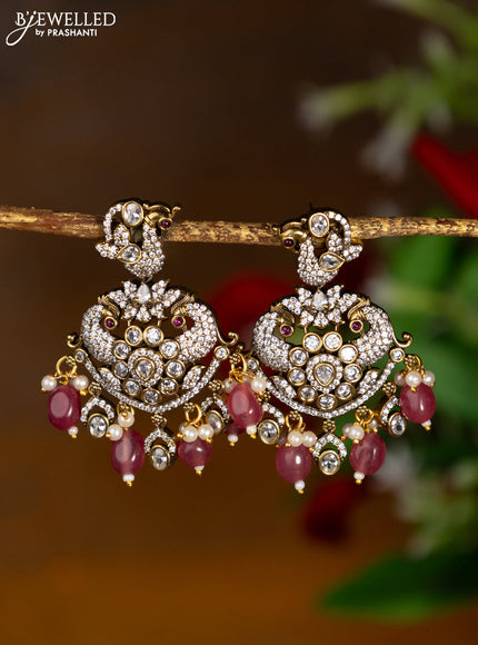 Victorian finish earrings peacock design with cz & kundan stones and pink beads hanging