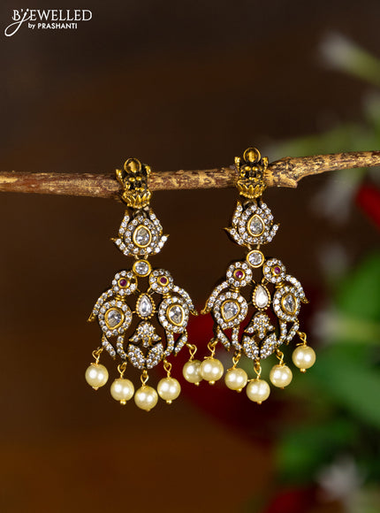Victorian finish earrings lakshmi design with kundan & cz stones and pearl hangings