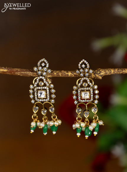 Victorian finish earrings with kundan & cz stones and beads hanging