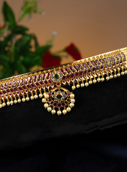 Antique self emboss hip belt with kemp & cz stones and pearl hangings
