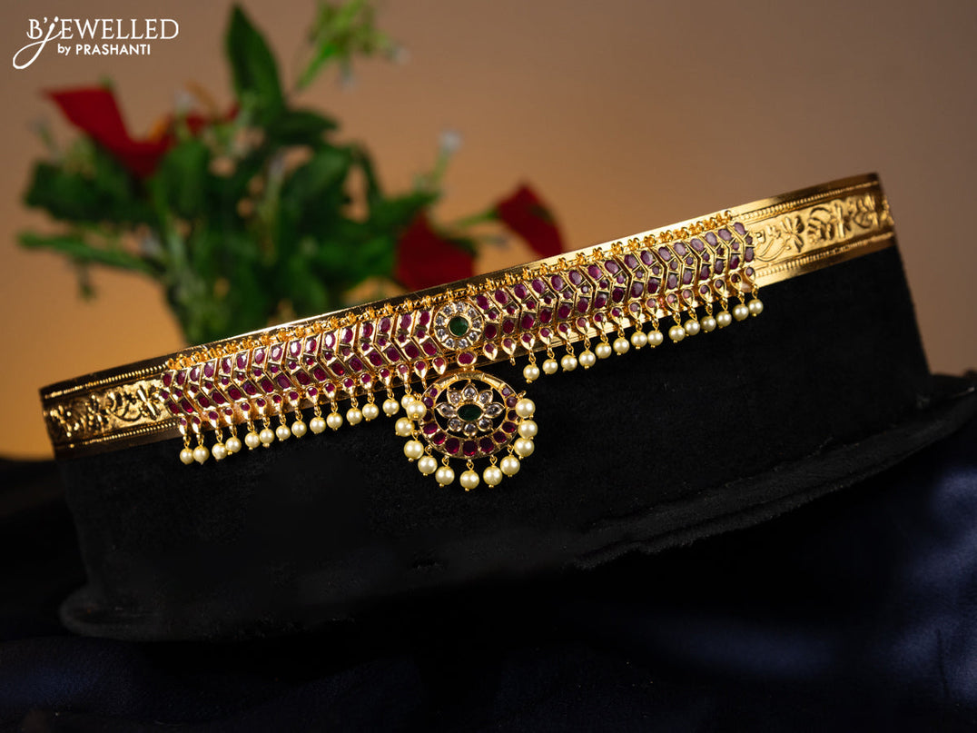 Antique self emboss hip belt with kemp & cz stones and pearl hangings