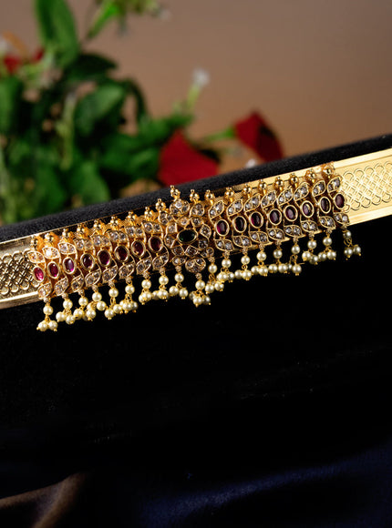 Antique self emboss hip belt with kemp & cz stones and pearl hangings