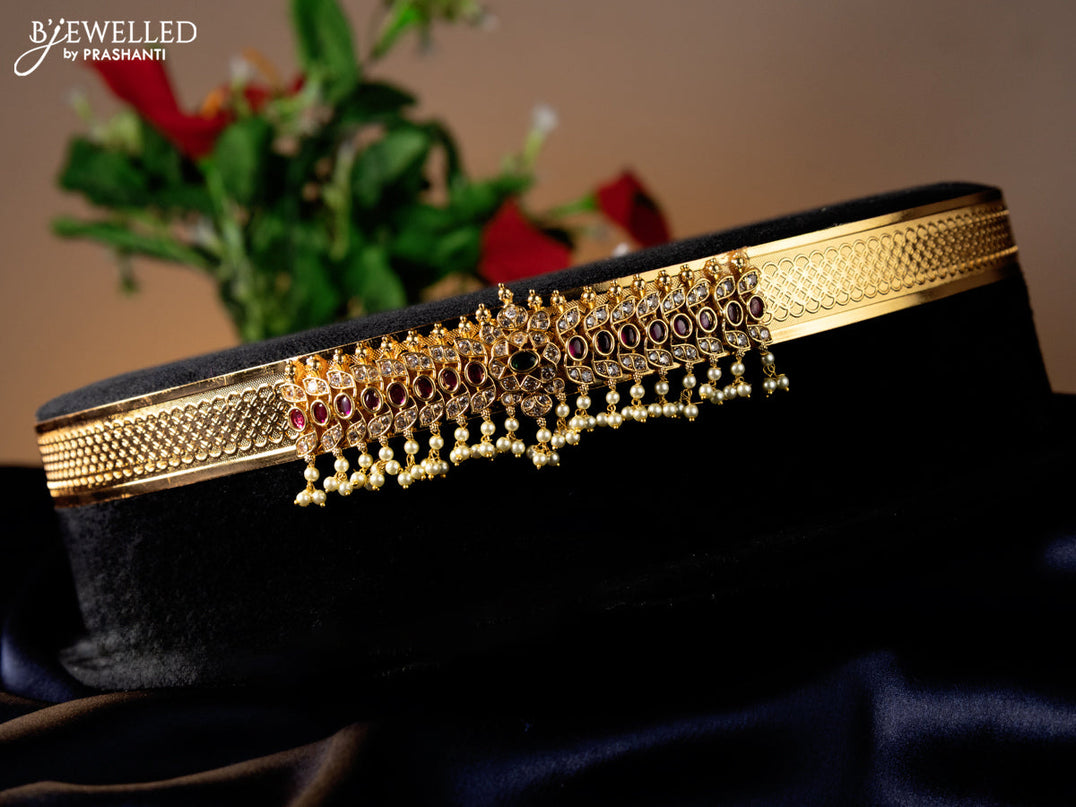 Antique self emboss hip belt with kemp & cz stones and pearl hangings