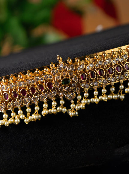Antique self emboss hip belt with kemp & cz stones and pearl hangings