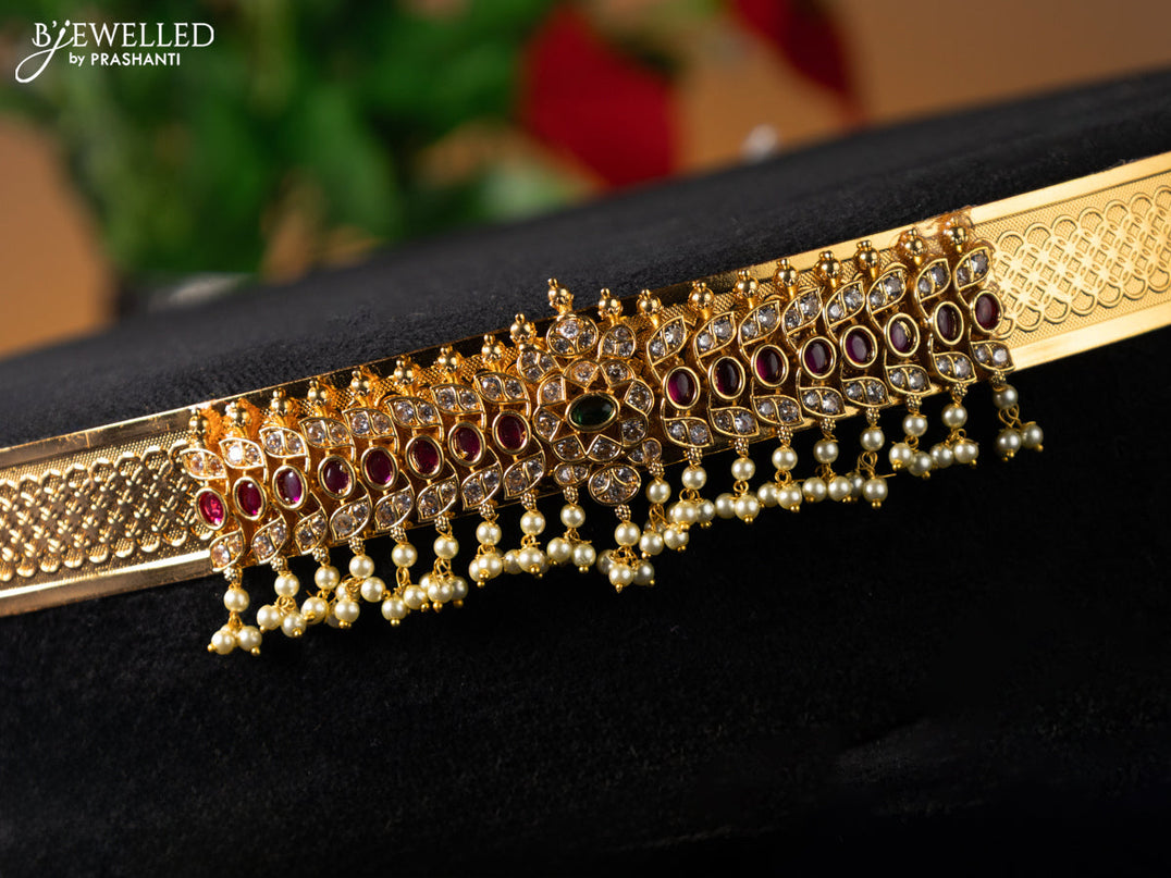 Antique self emboss hip belt with kemp & cz stones and pearl hangings