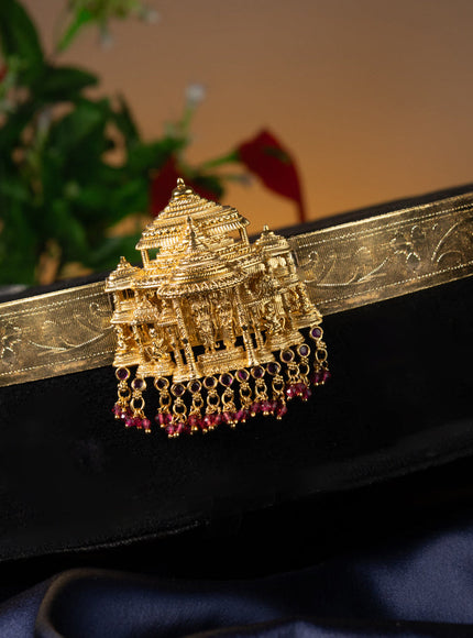 Antique self emboss hip belt ram darbar design with ruby stones and pink beads hanging