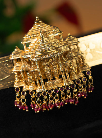 Antique self emboss hip belt ram darbar design with ruby stones and pink beads hanging