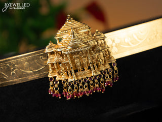 Antique self emboss hip belt ram darbar design with ruby stones and pink beads hanging