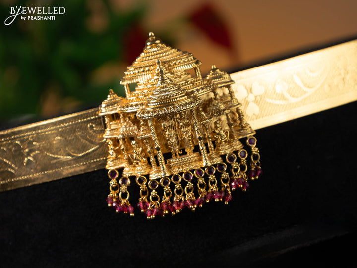 Antique self emboss hip belt ram darbar design with ruby stones and pink beads hanging