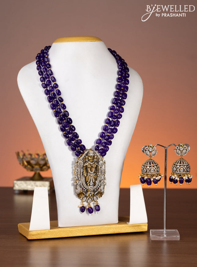 Beaded triple layer violet necklace tirupati balaji design with kundan & cz stones and beads hanging in victorian finish