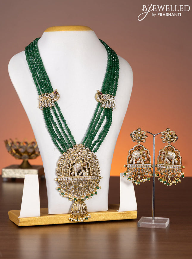 Beaded multilayer green necklace elephant design with kundan & cz stones and beads hanging in victorian finish