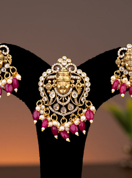 Victorian finish pendant set tirupati balaji design with kundan & cz stones and pink beads hanging