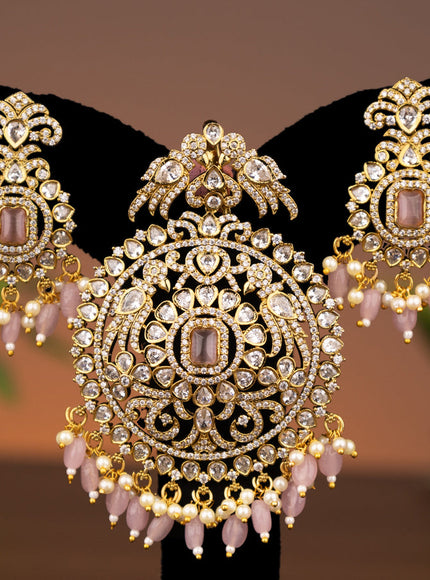 Victorian finish pendant set with baby pink & cz stones and beads hanging